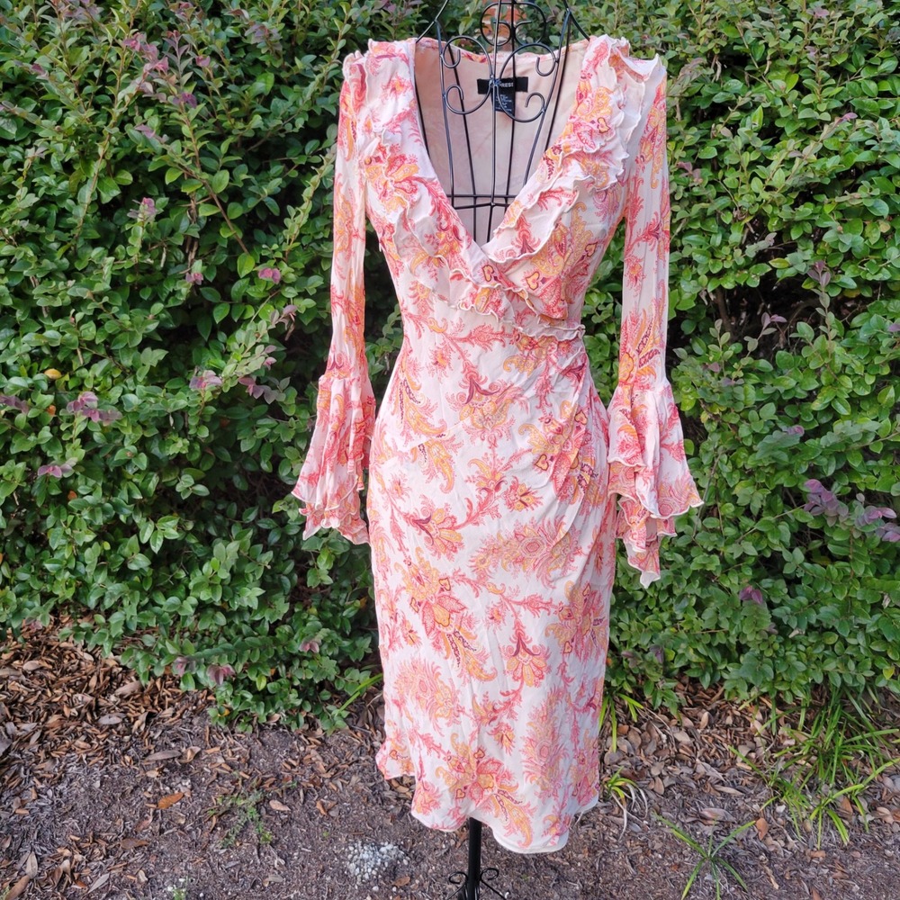 Express 3/4 Midi Dress Orange Silk Paisley Ruffle Bell Sleeve Fairy Y2K 90s